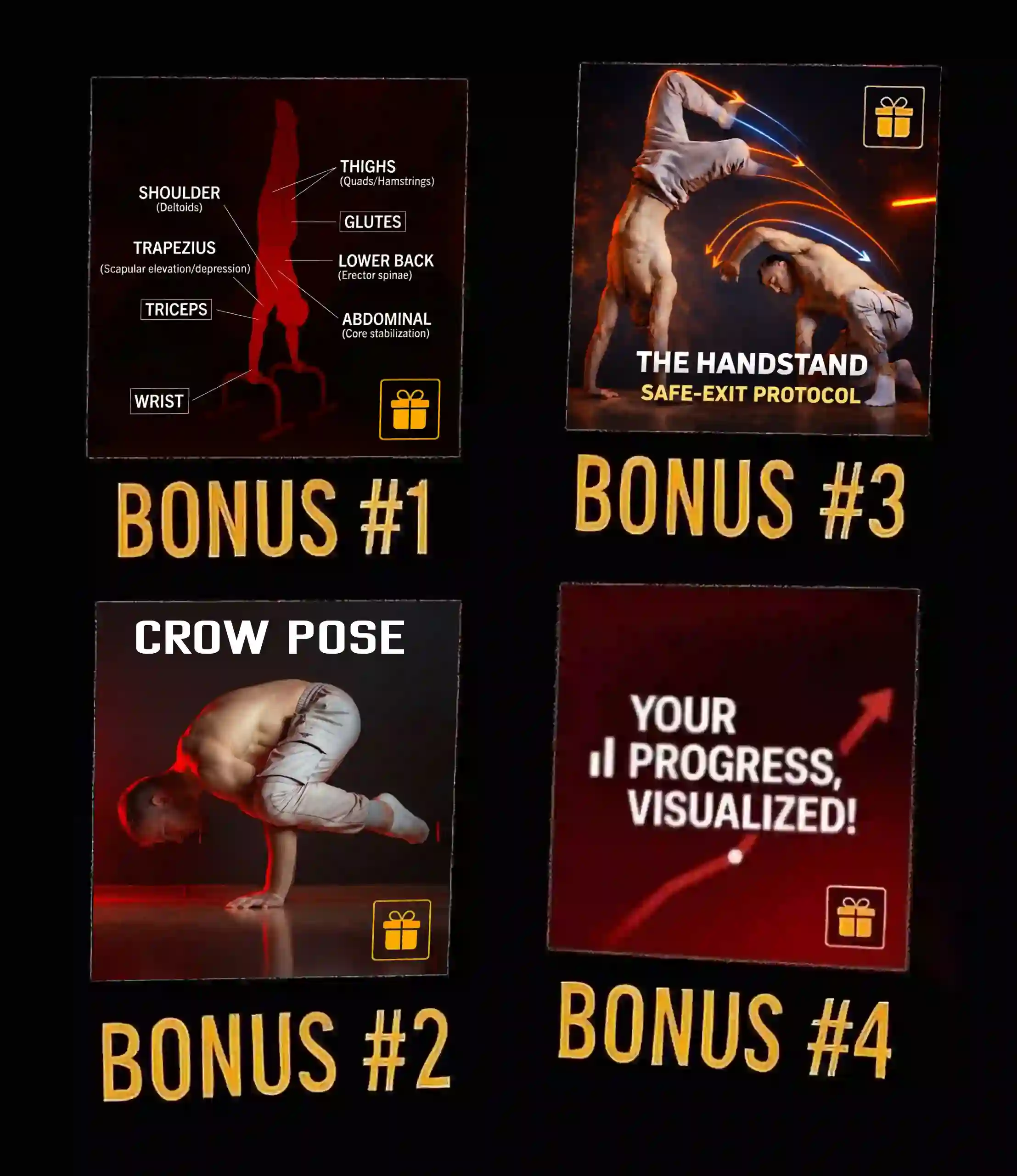 The four exclusive bonuses included with the Handstand Program